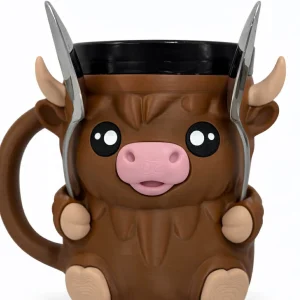 3D printed Highland cow ice cream holder with a cute brown cow design, holding an ice cream pint, featuring spoon slots and an easy-grip handle on a white background.