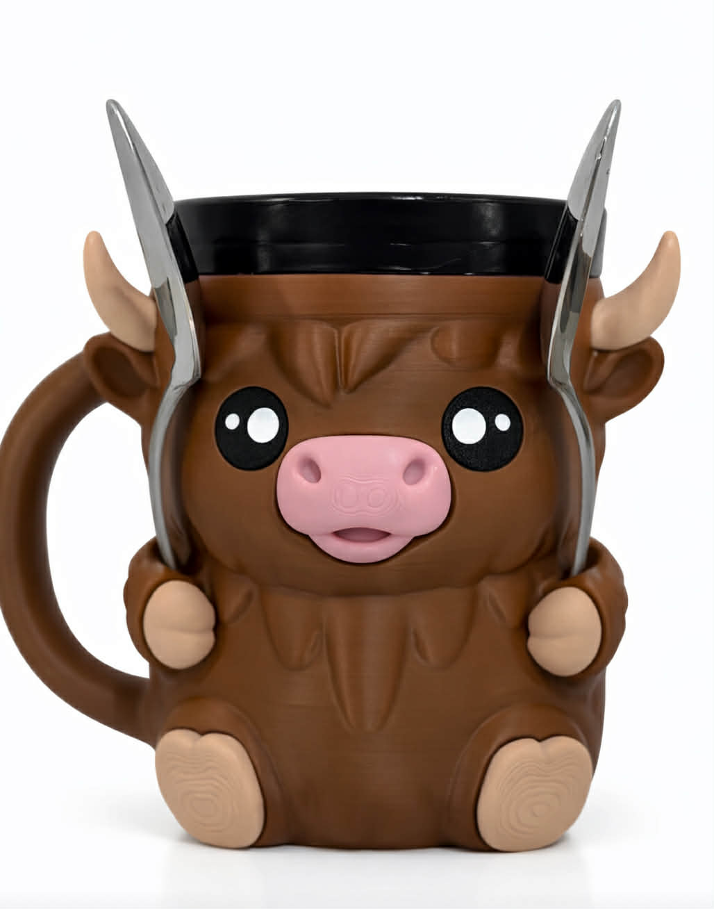 3D printed Highland cow ice cream holder with a cute brown cow design, holding an ice cream pint, featuring spoon slots and an easy-grip handle on a white background.